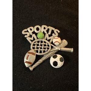 Vintage Sports Mom Brooch Pin Silver Tone Football Baseball Etc. Signed REN 1.5"